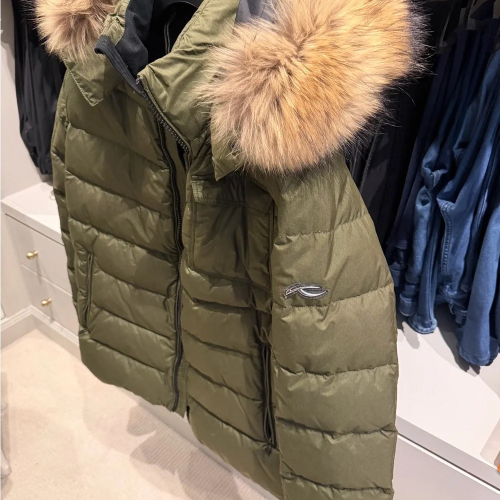 Men's Olive Green Ski Jacket with Fur Hood - Picture 3 of 11